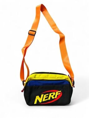 Nerf Black Crossbody Bag with Yellow, Blue & Orange Strap 8”